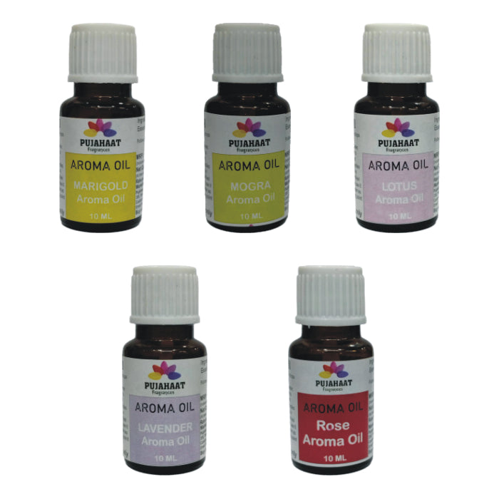 Pujahaat Lavender, Jasmine, Marigold (Genda), Rose, Lotus Aroma Oil for Aromatherapy oils, Oil for diffusers, Humidifier oils, Oil Burners, Spa and Air Purifier 10ml Each - Set of 5 (5 x 10 ml)