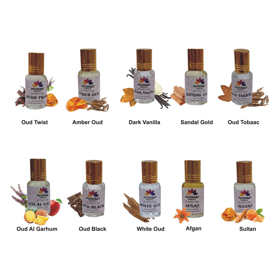 Pujahaat Premium Alcohol-Free Attar Gift Pack Of 10 Luxury Woody Attars Combo Ittar Oud Twist, Amber Oud, Dark Vanilla, Sandal Gold, Oud Tobacco, Black Oud, White Oud, Oud Al Grham, Sultan, Afgan (In Roll on Bottles) 30ml (10 x 3ml) Combo-3