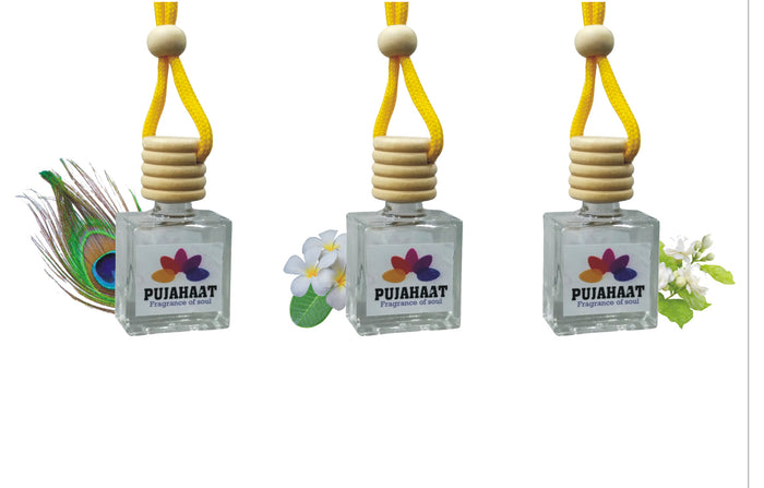 Pujahaat Car Perfume 3 pcs Combo Hanging Pod 10ml Premium Fragrance | High Diffusion with Premium Fragrance Oils with Wooden Diffuser Lid | Long Lasting | Lasts Up to 45 Days - Shyam Darbar, Champa, Mogra