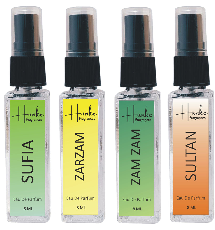 HUNKE EDP Inspired Perfume Set for Men & Women | Set of 4 Premium Long Lasting Fragrances | 8 ml Each | Travel Size Mini Perfume Gift Set | Eau de Parfum Collection - Sufia, Zam Zam, ZarZam, Sultan