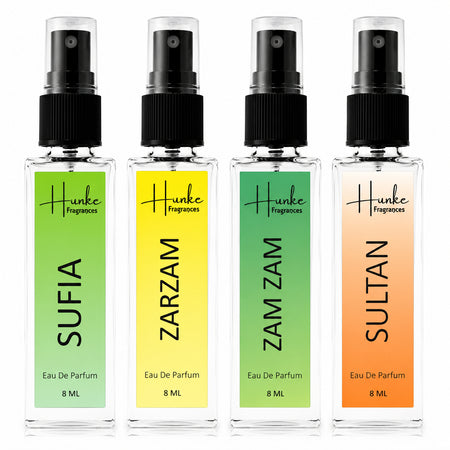 HUNKE EDP Inspired Perfume Set for Men & Women | Set of 4 Premium Long Lasting Fragrances | 8 ml Each | Travel Size Mini Perfume Gift Set | Eau de Parfum Collection - Sufia, Zam Zam, ZarZam, Sultan