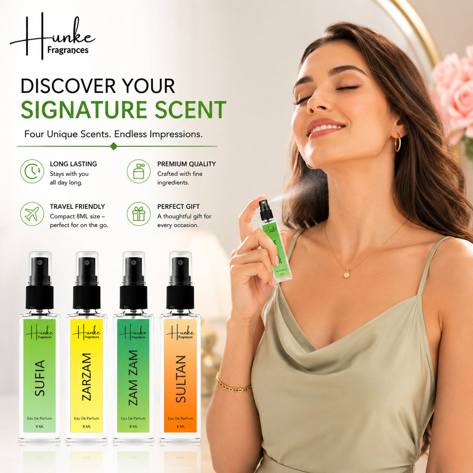 HUNKE EDP Inspired Perfume Set for Men & Women | Set of 4 Premium Long Lasting Fragrances | 8 ml Each | Travel Size Mini Perfume Gift Set | Eau de Parfum Collection - Sufia, Zam Zam, ZarZam, Sultan