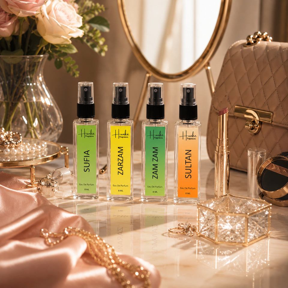 HUNKE EDP Inspired Perfume Set for Men & Women | Set of 4 Premium Long Lasting Fragrances | 8 ml Each | Travel Size Mini Perfume Gift Set | Eau de Parfum Collection - Sufia, Zam Zam, ZarZam, Sultan