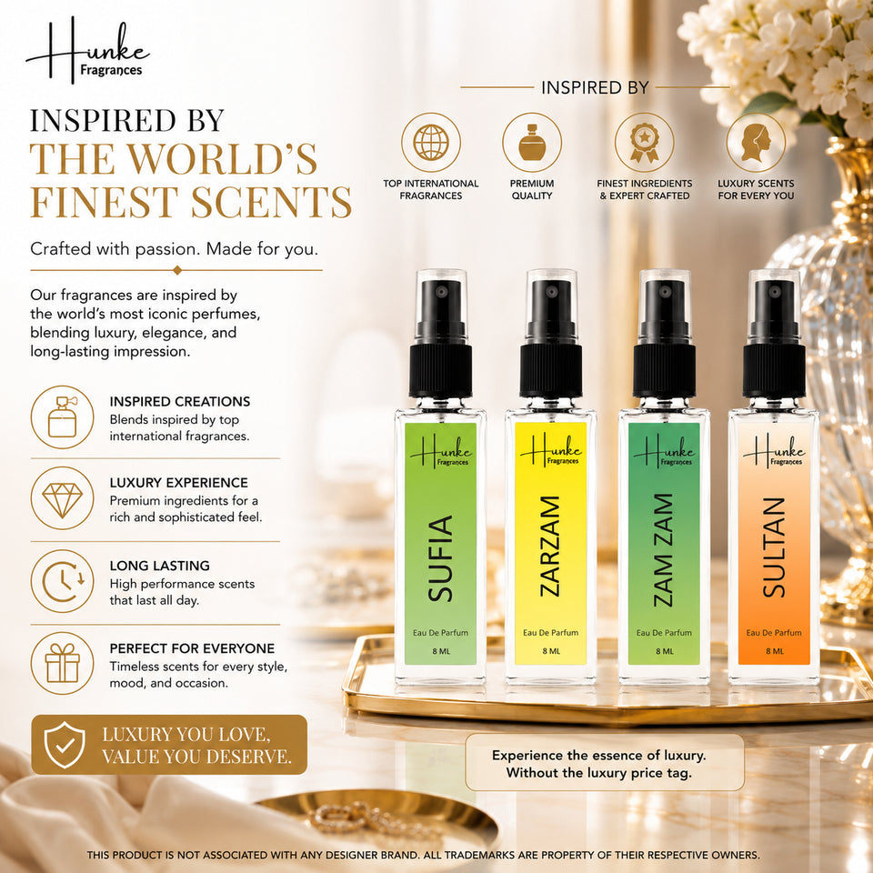 HUNKE EDP Inspired Perfume Set for Men & Women | Set of 4 Premium Long Lasting Fragrances | 8 ml Each | Travel Size Mini Perfume Gift Set | Eau de Parfum Collection - Sufia, Zam Zam, ZarZam, Sultan