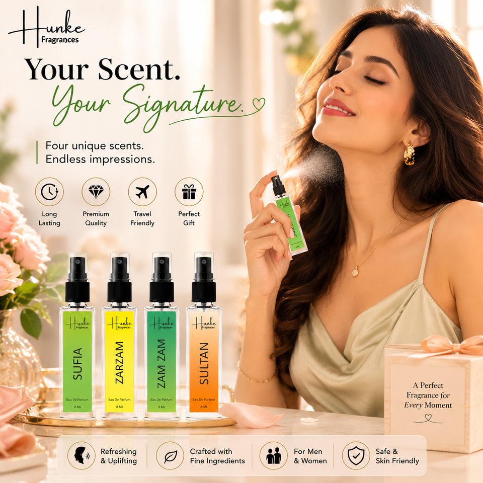 HUNKE EDP Inspired Perfume Set for Men & Women | Set of 4 Premium Long Lasting Fragrances | 8 ml Each | Travel Size Mini Perfume Gift Set | Eau de Parfum Collection - Sufia, Zam Zam, ZarZam, Sultan