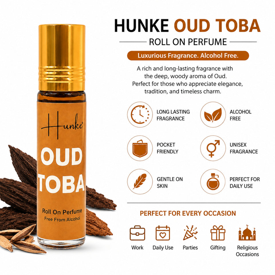 HUNKE Premium Perfume Roll on High Concentration | Attar Ittar Roll on| No Alcohol | Long Lasting Travel Size 8 ML Roll-On, High Projection Fragrance - OUD TOBA