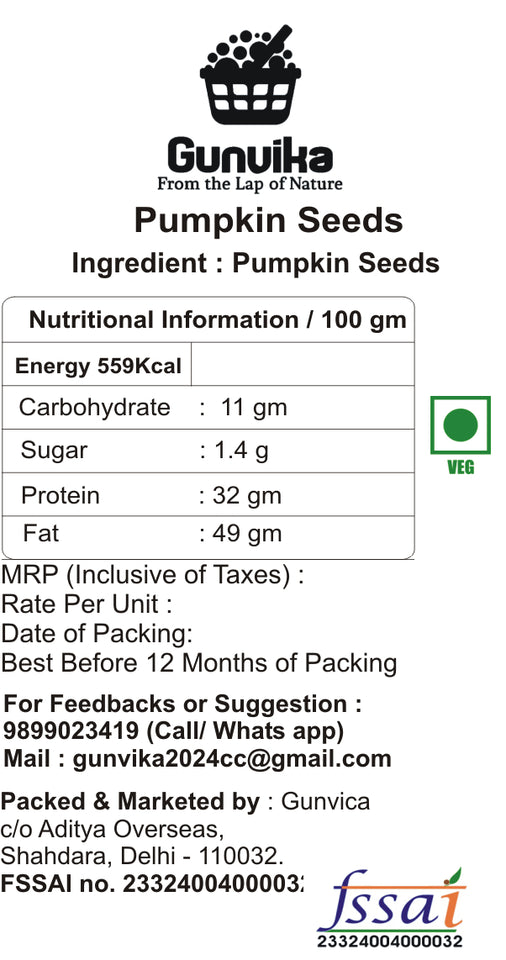 Gunvika Pumpkin Seeds - Seeds for Eating | Immunity Booster and Fiber Rich | Raw Pumpkin Seed |  Kaddu Ke Beej | Diet Food