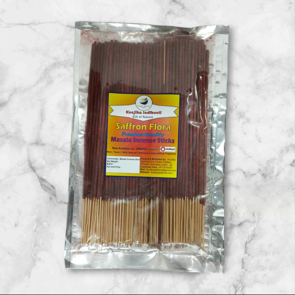 Kunjika Jadibooti Saffron / Kesar Flora Premium Natural Masala Incense Sticks Natural Kesar Saffron Flora Agarbatti Nagchampa 100% Natural Fragrances - 200 Gms