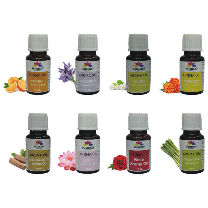 Pujahaat Lavender, Jasmine, Marigold (Genda), Orange, Rose, Lotus, Lemongrass, Sandalwood Aroma Oil for Aromatherapy oils, Oil for diffusers, Humidifier oils, Oil Burners, Spa and Air Purifier 10ml Each - Set of 8 (8 x 10 ml)
