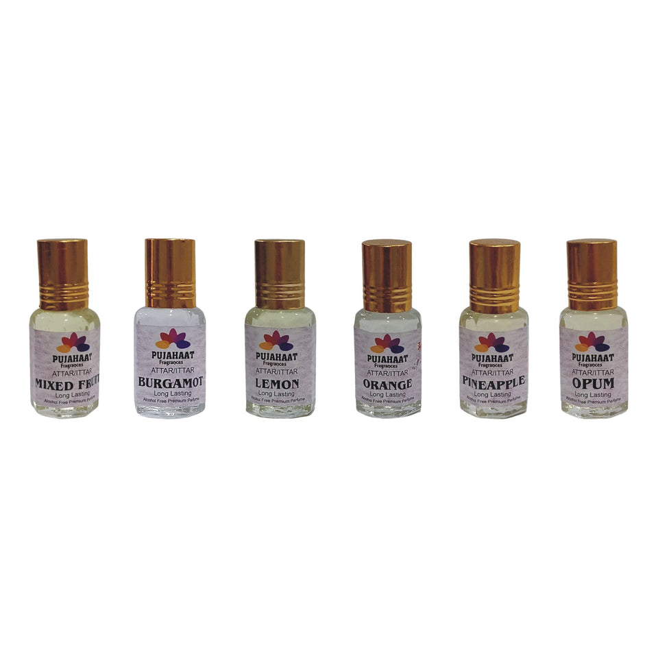 Pujahaat Premium Alcohol-Free Attar Gift (Pack Of 6) Perfume Combo Ittar- Lemon, Orange, Bergamot, Pineapple, Mixed Fruit, Opum (In Roll on Bottle) 18ml (6x3ml) Combo - 4