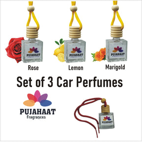 Pujahaat Car Perfume 3 pcs Combo Hanging Pod 10ml Premium Fragrance | High Diffusion with Premium Fragrance Oils with Wooden Diffuser Lid | Long Lasting | Lasts Up to 45 Days - Marigold, Rose, Lemon