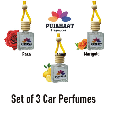 Pujahaat Car Perfume 3 pcs Combo Hanging Pod 10ml Premium Fragrance | High Diffusion with Premium Fragrance Oils with Wooden Diffuser Lid | Long Lasting | Lasts Up to 45 Days - Marigold, Rose, Lemon