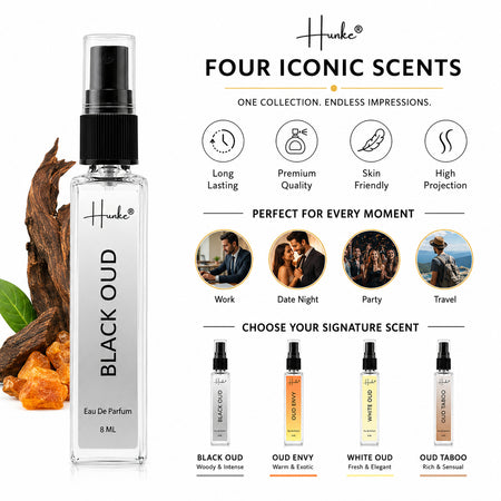 HUNKE EDP Inspired Perfume Set for Men & Women | Set of 4 Premium Long Lasting Fragrances | 8 ml Each | Travel Size Mini Perfume Gift Set | Eau de Parfum Collection - Oud Black, White Oud, Oud Envy, Oud Tobacco