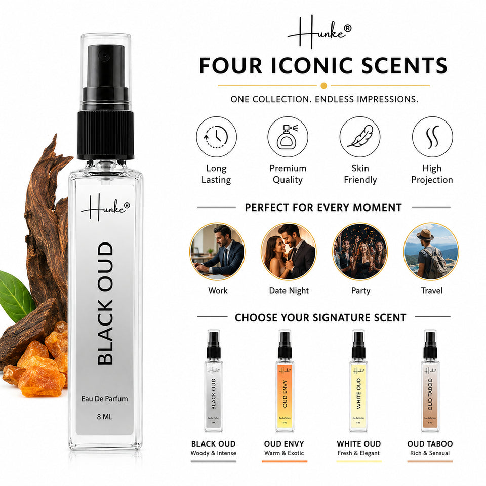 HUNKE EDP Inspired Perfume Set for Men & Women | Set of 4 Premium Long Lasting Fragrances | 8 ml Each | Travel Size Mini Perfume Gift Set | Eau de Parfum Collection - Oud Black, White Oud, Oud Envy, Oud Tobacco