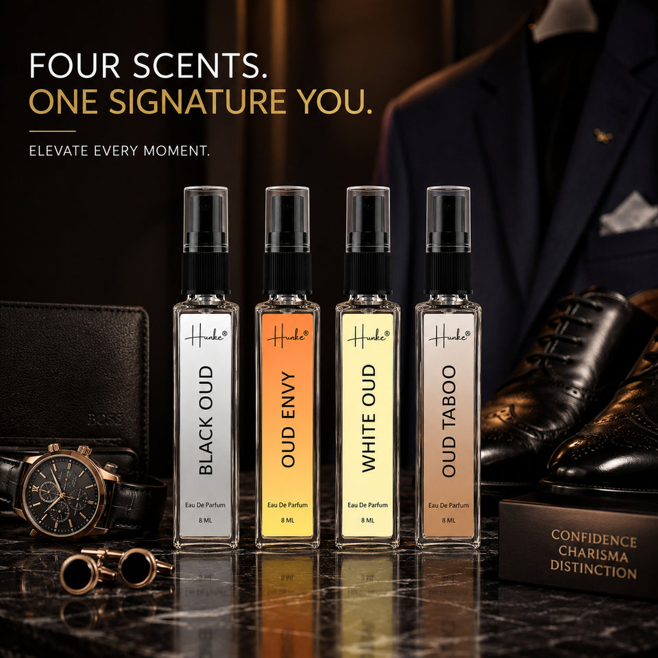 HUNKE EDP Inspired Perfume Set for Men & Women | Set of 4 Premium Long Lasting Fragrances | 8 ml Each | Travel Size Mini Perfume Gift Set | Eau de Parfum Collection - Oud Black, White Oud, Oud Envy, Oud Tobacco