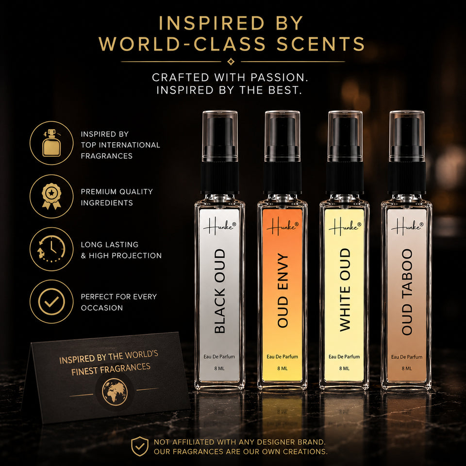 HUNKE EDP Inspired Perfume Set for Men & Women | Set of 4 Premium Long Lasting Fragrances | 8 ml Each | Travel Size Mini Perfume Gift Set | Eau de Parfum Collection - Oud Black, White Oud, Oud Envy, Oud Tobacco