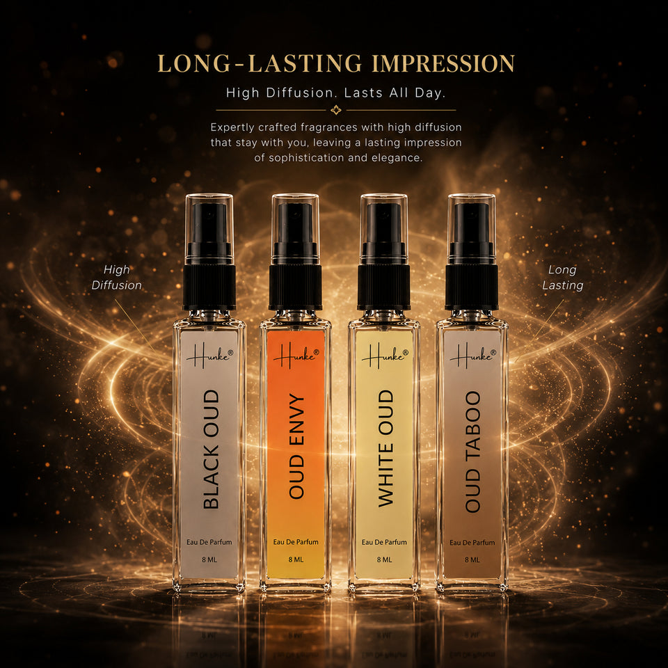 HUNKE EDP Inspired Perfume Set for Men & Women | Set of 4 Premium Long Lasting Fragrances | 8 ml Each | Travel Size Mini Perfume Gift Set | Eau de Parfum Collection - Oud Black, White Oud, Oud Envy, Oud Tobacco