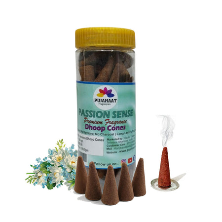 Pujahaat Premium Scented Incense Dhoop Cone | No Charcoal No Bamboo | for Pooja, Rituals & Special Occasions, Aromatherapy Passion Sense Fragrance
