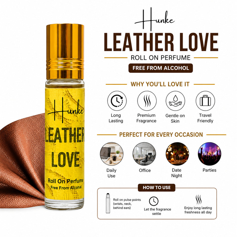 HUNKE Premium Perfume Roll on High Concentration | Attar Ittar Roll on| No Alcohol | Long Lasting Travel Size 8 ML Roll-On, High Projection Fragrance - Leather Love