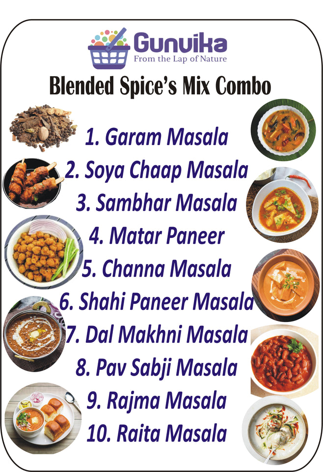 Gunvika Special Combo of 10 Daily use Blended Masala Spice Combo | Premium Quality Grounded Spices Blends | Zero added Colours, Fillers, Additives | Vegan | Aromatic