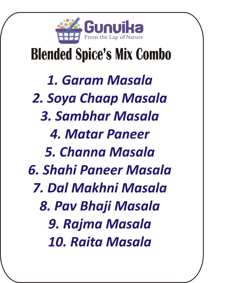 Gunvika Special Combo of 10 Daily use Blended Masala Spice Combo | Premium Quality Grounded Spices Blends | Zero added Colours, Fillers, Additives | Vegan | Aromatic