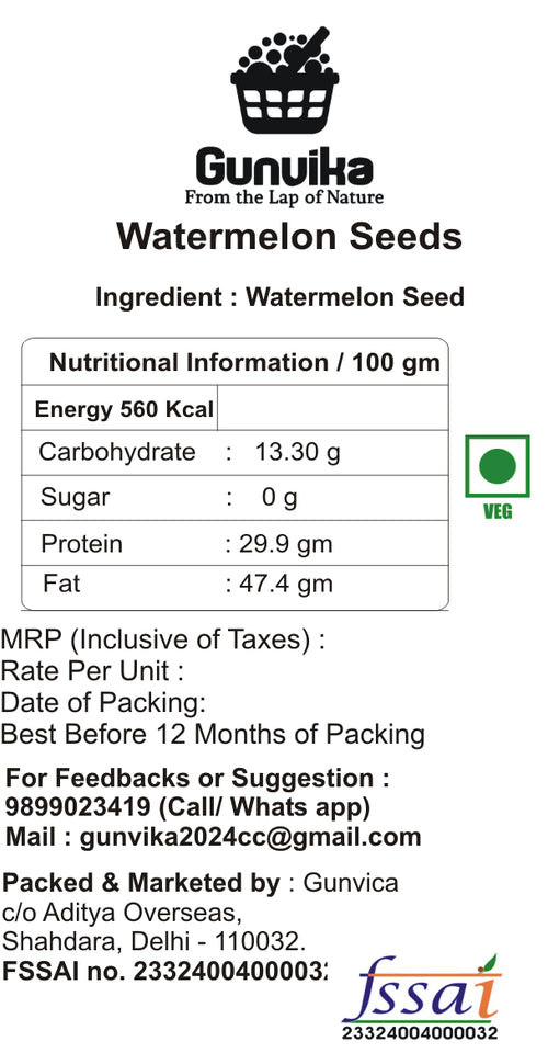 Gunvika Watermelon Seeds - High in Protein Seeds | Raw Watermelon Seeds for Eating | Tarbooz Magaj Seeds | Non - GMO | Raw seeds | Nutrients Rich | Source of Antioxidants