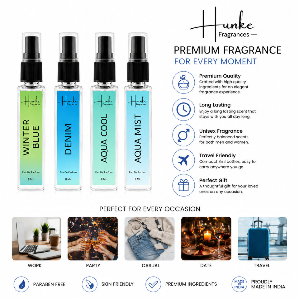 HUNKE EDP Inspired Perfume Set for Men & Women | Set of 4 Premium Long Lasting Fragrances | 8 ml Each | Travel Size Mini Perfume Gift Set | Eau de Parfum Collection - Winter Blue, Denim, Aqua Cool, Aqua Mist
