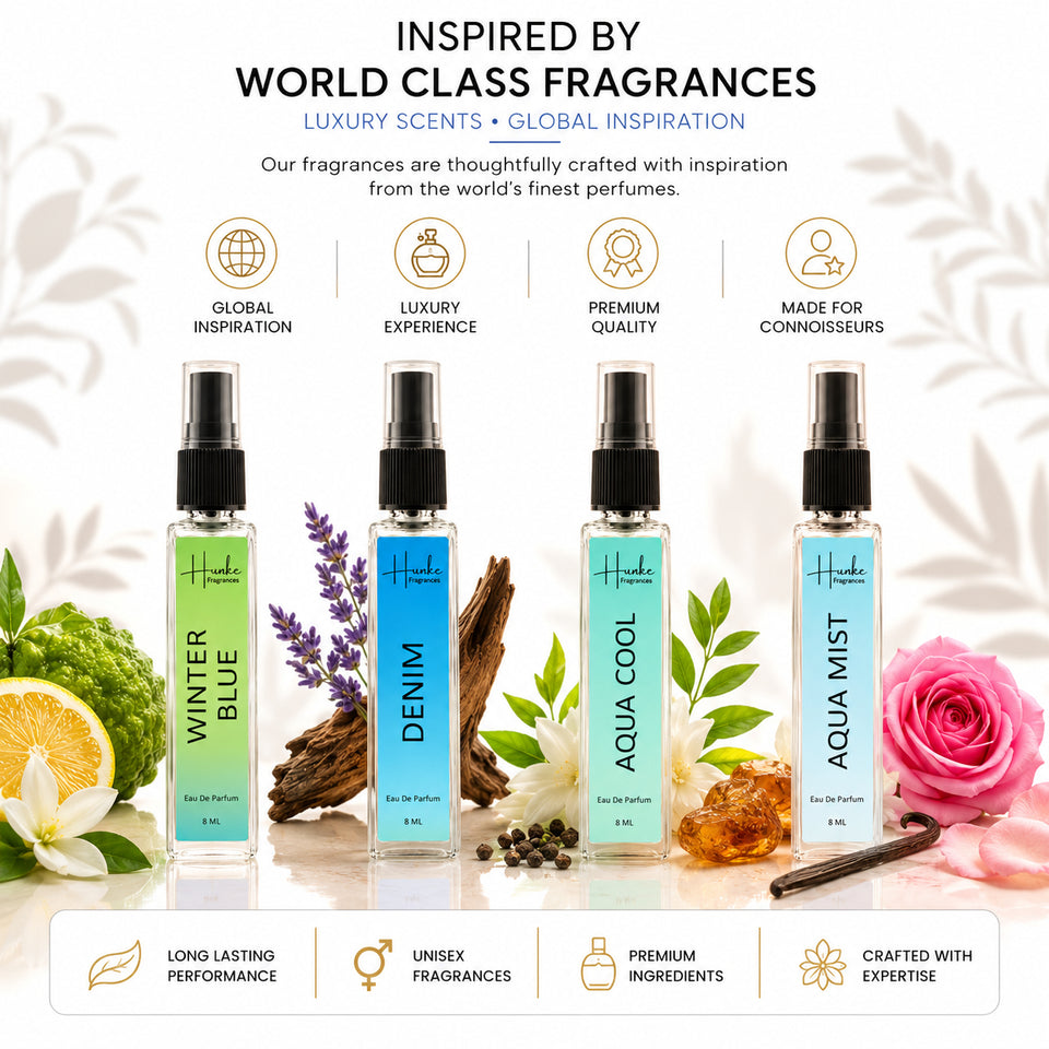 HUNKE EDP Inspired Perfume Set for Men & Women | Set of 4 Premium Long Lasting Fragrances | 8 ml Each | Travel Size Mini Perfume Gift Set | Eau de Parfum Collection - Winter Blue, Denim, Aqua Cool, Aqua Mist