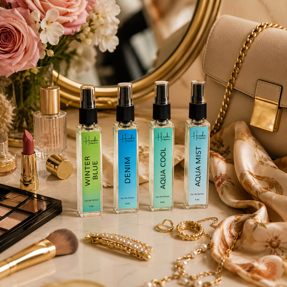 HUNKE EDP Inspired Perfume Set for Men & Women | Set of 4 Premium Long Lasting Fragrances | 8 ml Each | Travel Size Mini Perfume Gift Set | Eau de Parfum Collection - Winter Blue, Denim, Aqua Cool, Aqua Mist