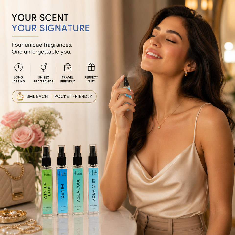 HUNKE EDP Inspired Perfume Set for Men & Women | Set of 4 Premium Long Lasting Fragrances | 8 ml Each | Travel Size Mini Perfume Gift Set | Eau de Parfum Collection - Winter Blue, Denim, Aqua Cool, Aqua Mist