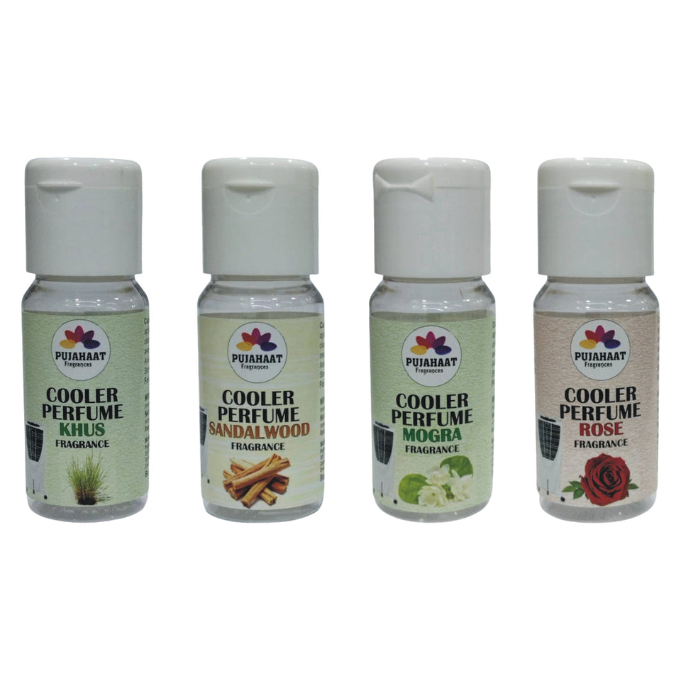 Pujahaat Khus, Mogra, Rose, Sandalwood Cooler Perfume/Aroma Diffuser Oil or Fragrance, Long Lasting Cooler Scent/Aroma Diffuser Fragrance Oil - Multipurpose Aroma Oil Perfume for Cooler - 25 ml each (4 X 25 ml)