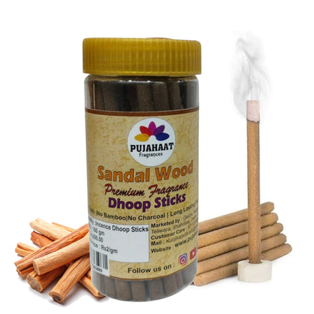 Pujahaat Sandalwood (Chandan) Premium Scented Incense Stick | Dry Dhoop Stick | No Charcoal, Bambooless | Dhoop Batti 4 inches with free Holder - Sandalwood (Chandan) Fragrance