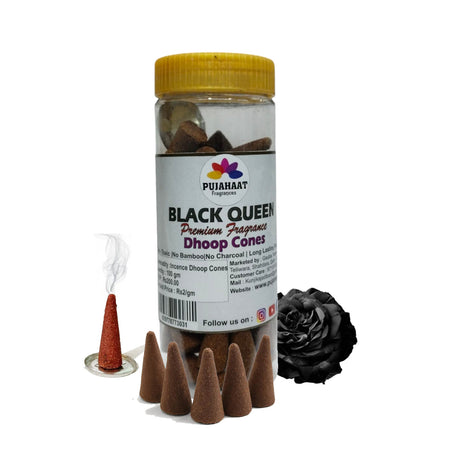 Pujahaat Premium Scented Incense Dhoop Cone | No Charcoal No Bamboo | for Pooja, Rituals & Special Occasions, Aromatherapy Black Queen Fragrance