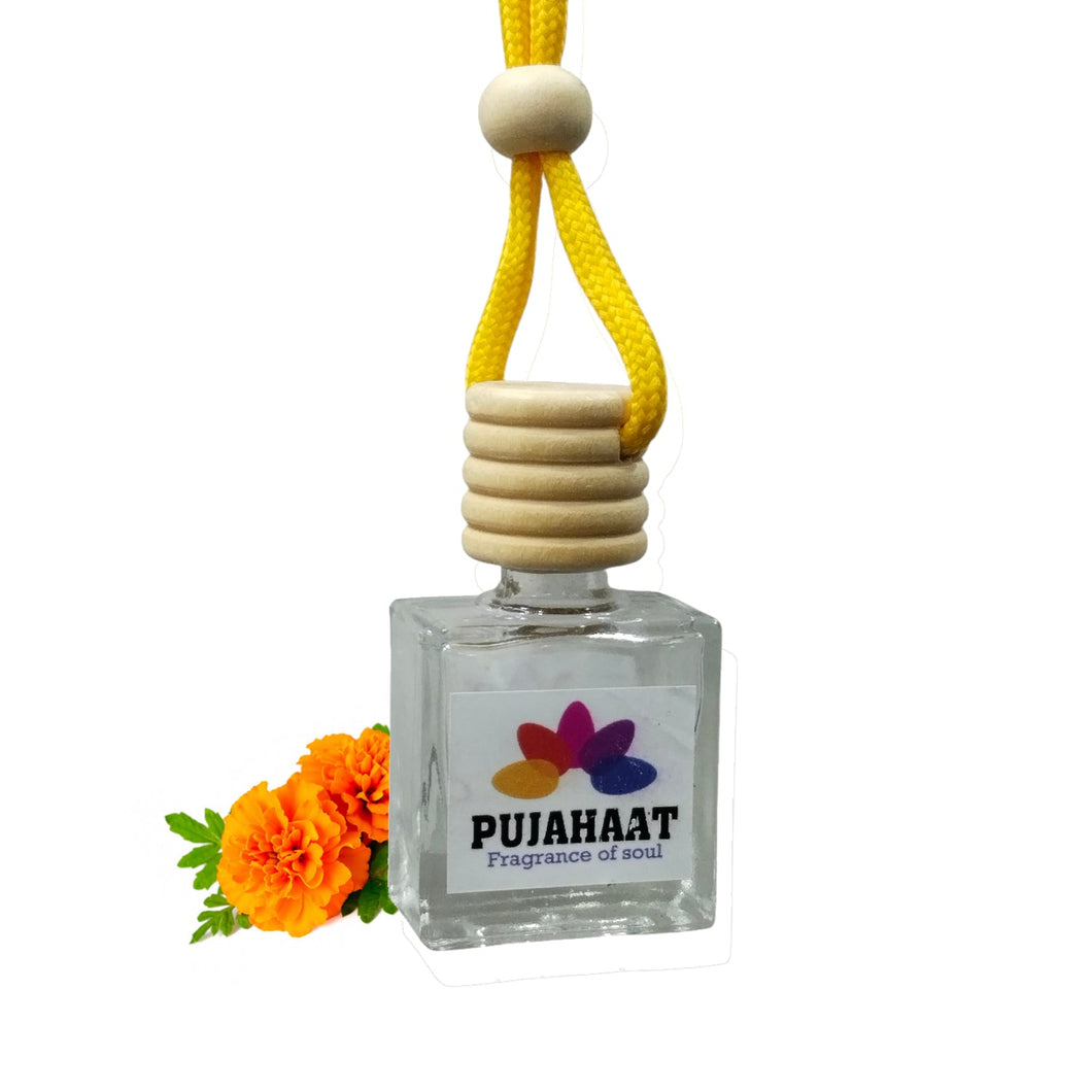 Car Perfume Hanging Pod 10ml Marigold Premium Fragrance by Pujahaat | High Diffusion with Premium Fragrance Oils in Glass Bottle with Wooden Diffuser Lid | Long Lasting | Lasts Up to 45 Days - Marigold