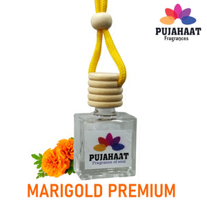 Car Perfume Hanging Pod 10ml Marigold Premium Fragrance by Pujahaat | High Diffusion with Premium Fragrance Oils in Glass Bottle with Wooden Diffuser Lid | Long Lasting | Lasts Up to 45 Days - Marigold