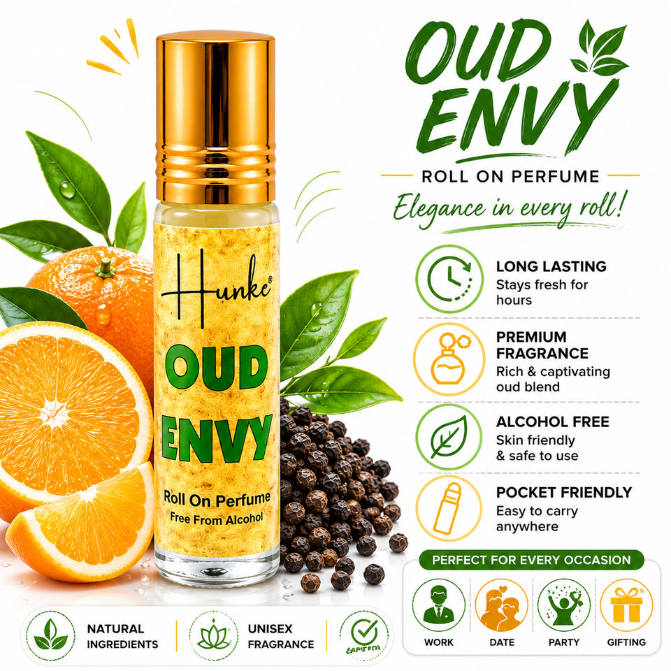 HUNKE Premium Perfume Roll on High Concentration | Attar Ittar Roll on| No Alcohol | Long Lasting Travel Size 8 ML Roll-On, High Projection Fragrance - Oud Envy