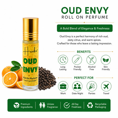 HUNKE Premium Perfume Roll on High Concentration | Attar Ittar Roll on| No Alcohol | Long Lasting Travel Size 8 ML Roll-On, High Projection Fragrance - Oud Envy