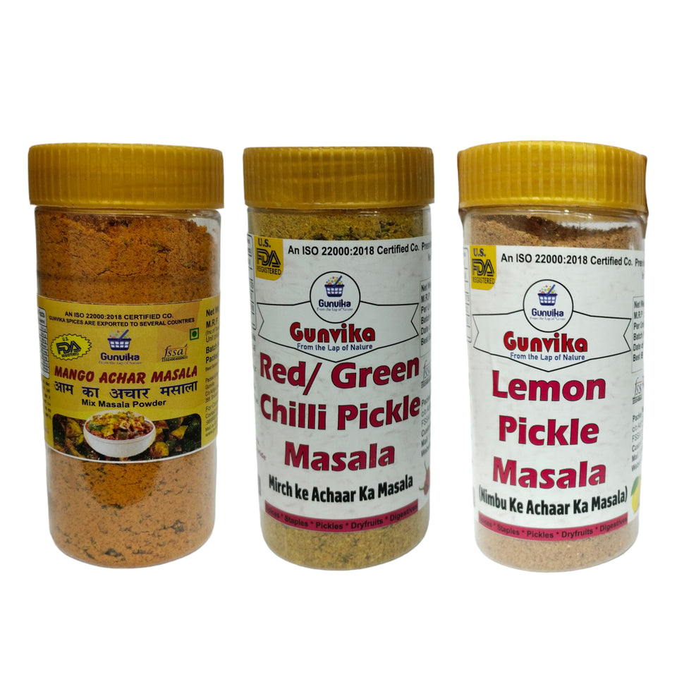 Gunvika Special Aam, Mirch, Nimbu Achaar Masala Premix | Combo of 3 Pickles Mango, Chilli, Lemon Premix | Made from Premium Quality Spices | Zero added Colours | Vegan - 200 gm each