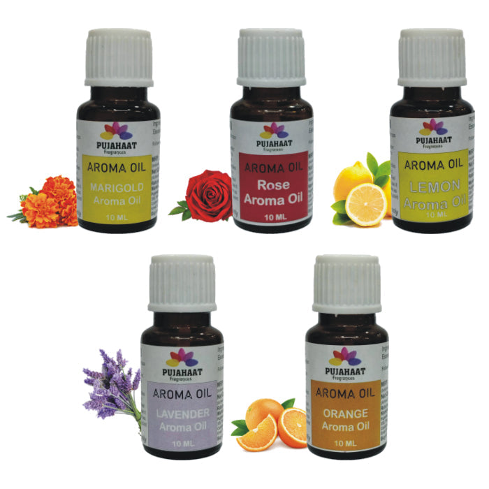 Pujahaat Lavender, Marigold (Genda), Orange, Rose, Lemon Aroma Oil for Aromatherapy oils, Oil for diffusers, Humidifier oils, Oil Burners, Spa and Air Purifier 10ml Each - Set of 5 (5 x 10 ml) AO6