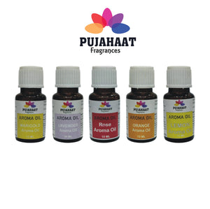 Pujahaat Lavender, Marigold (Genda), Orange, Rose, Lemon Aroma Oil for Aromatherapy oils, Oil for diffusers, Humidifier oils, Oil Burners, Spa and Air Purifier 10ml Each - Set of 5 (5 x 10 ml) AO6