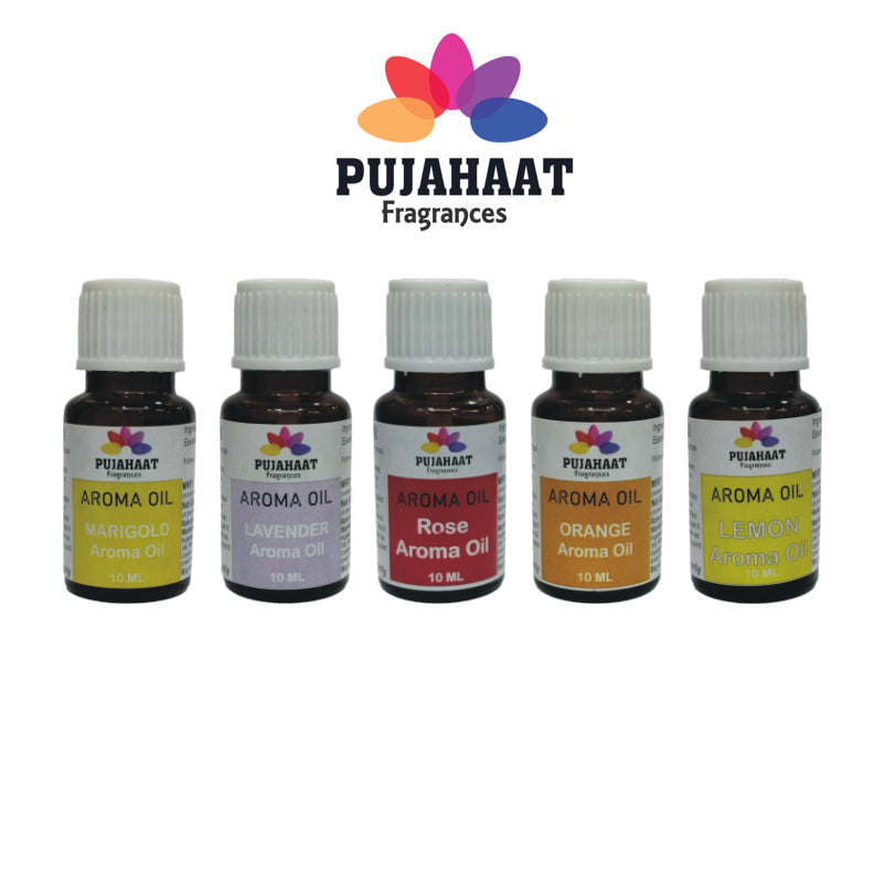 Pujahaat Lavender, Marigold (Genda), Orange, Rose, Lemon Aroma Oil for Aromatherapy oils, Oil for diffusers, Humidifier oils, Oil Burners, Spa and Air Purifier 10ml Each - Set of 5 (5 x 10 ml) AO6