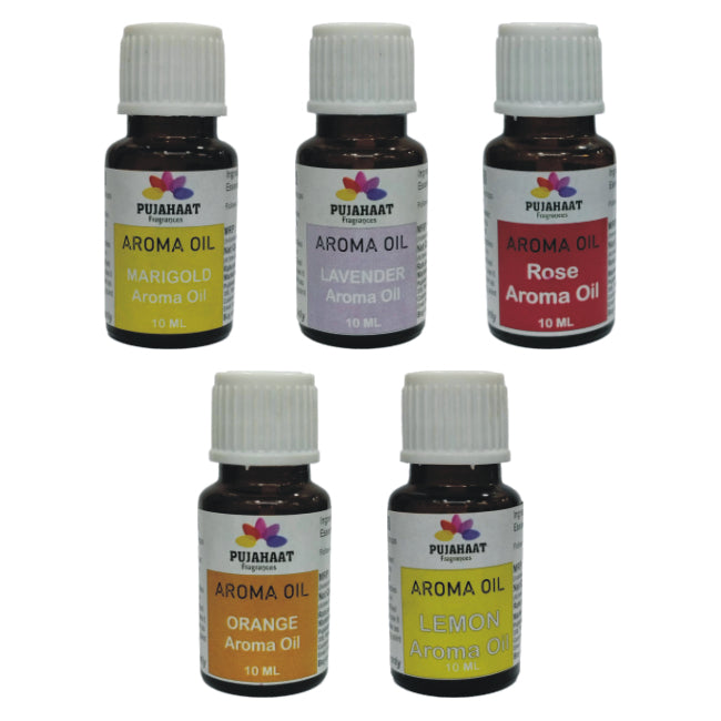 Pujahaat Lavender, Marigold (Genda), Orange, Rose, Lemon Aroma Oil for Aromatherapy oils, Oil for diffusers, Humidifier oils, Oil Burners, Spa and Air Purifier 10ml Each - Set of 5 (5 x 10 ml) AO6