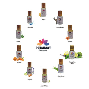 Pujahaat Premium Alcohol-Free Attars (Pack Of 10) Attar Gift Combo - Sufia, Zara, Zamzam, Sultan, Afgan, Ruh Kus, Egyptian Musk, Attar phool, White Musk, Denim (In Roll on Bottle) 30 ml (10 x 3ml) Combo-6