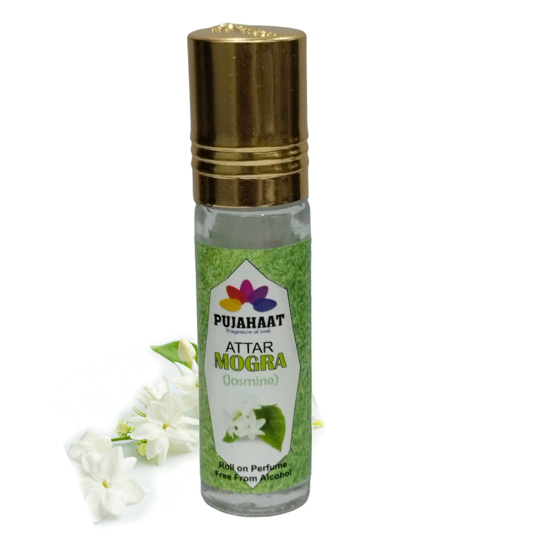 Pujahaat Premium Alcohol-Free Mogra Attar | Ittar 6 ml, Fresh Floral Scent, Long-Lasting Travel Size Roll-On, Best Mogra Attar Fragrance Oil