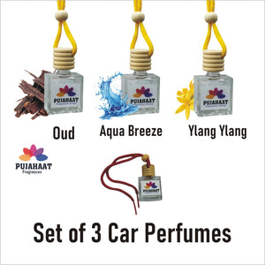 Pujahaat Car Perfume 3 pcs Combo Hanging Pod 10ml Premium Fragrance | High Diffusion with Premium Fragrance Oils with Wooden Diffuser Lid | Long Lasting | Lasts Up to 45 Days - Oudh, Aqua Breeze, Ylang Ylang