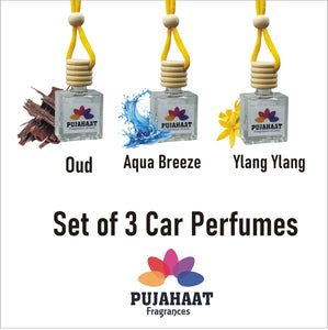 Pujahaat Car Perfume 3 pcs Combo Hanging Pod 10ml Premium Fragrance | High Diffusion with Premium Fragrance Oils with Wooden Diffuser Lid | Long Lasting | Lasts Up to 45 Days - Oudh, Aqua Breeze, Ylang Ylang