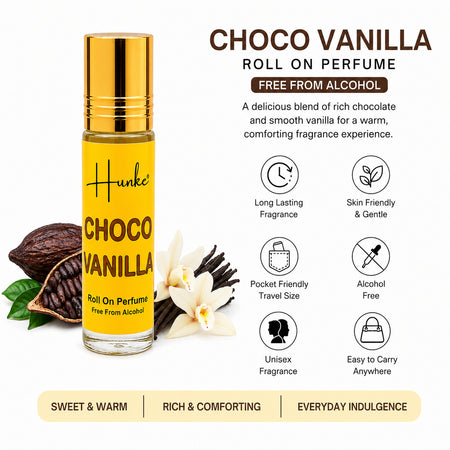 HUNKE Premium Perfume Roll on High Concentration | Attar Ittar Roll on| No Alcohol | Long Lasting Travel Size 8 ML Roll-On, High Projection Fragrance - Choco Vanilla