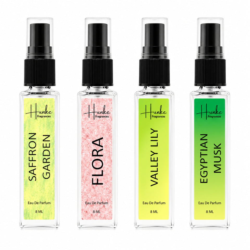 HUNKE EDP Inspired Perfume Set for Men & Women | Set of 4 Premium Long Lasting Fragrances | 8 ml Each | Travel Size Mini Perfume Gift Set | Eau de Parfum Collection - Divine Lotus, Kesar Chandan, Valley Of Lily, Flora