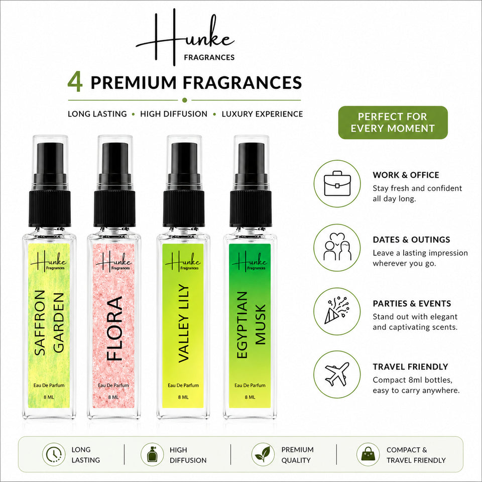 HUNKE EDP Inspired Perfume Set for Men & Women | Set of 4 Premium Long Lasting Fragrances | 8 ml Each | Travel Size Mini Perfume Gift Set | Eau de Parfum Collection - Divine Lotus, Kesar Chandan, Valley Of Lily, Flora