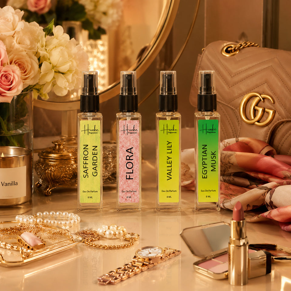 HUNKE EDP Inspired Perfume Set for Men & Women | Set of 4 Premium Long Lasting Fragrances | 8 ml Each | Travel Size Mini Perfume Gift Set | Eau de Parfum Collection - Divine Lotus, Kesar Chandan, Valley Of Lily, Flora